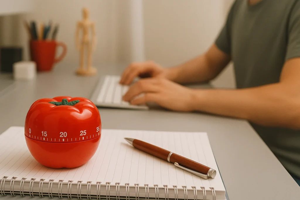 Student using Pomodoro Technique during GCSE revision with notebook and past papers